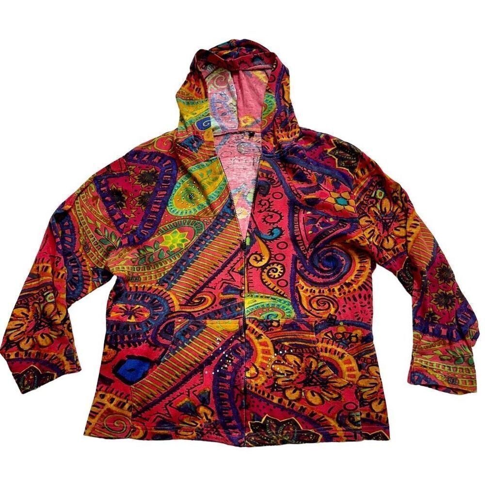 Parsley & Sage Womens Colorful Artsy Hooded Jacket Large Retro Bold Bohemian Y2K
